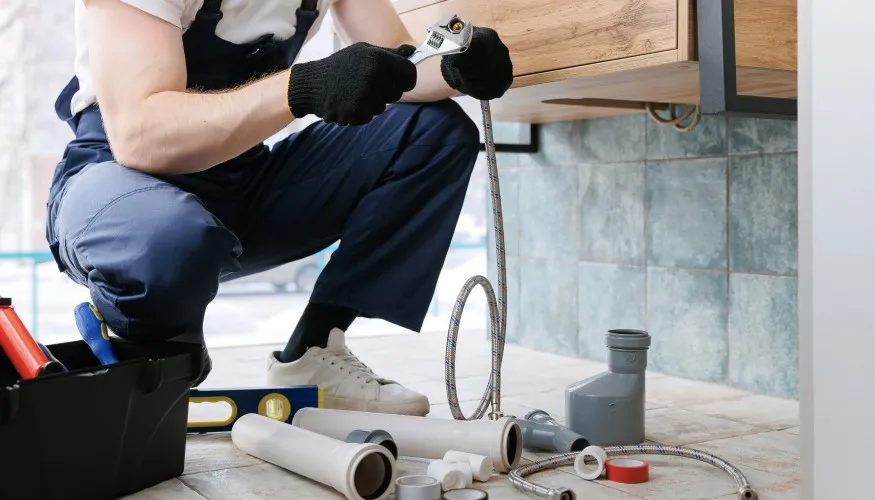 Plumber wearing gloves and overalls kneeling on floor, holding a wrench near pipes and plumbing parts.